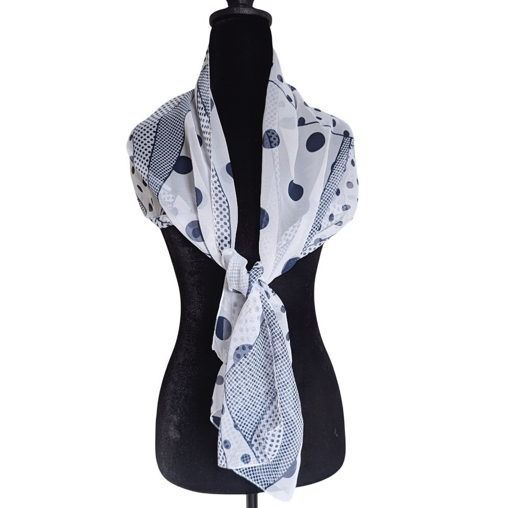 Vintage 90s Maximalism Romantic Navy Blue Geometric Polka Dot Sheer Silk Scarf